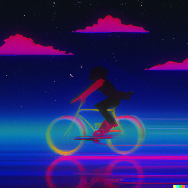 a synthwave bike ride through the clouds